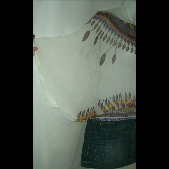 y2k Wet Seal Blouse Batwing Sleeves White Purple Bohemian Print Sheer Boho Top M - Picture 5 of 8